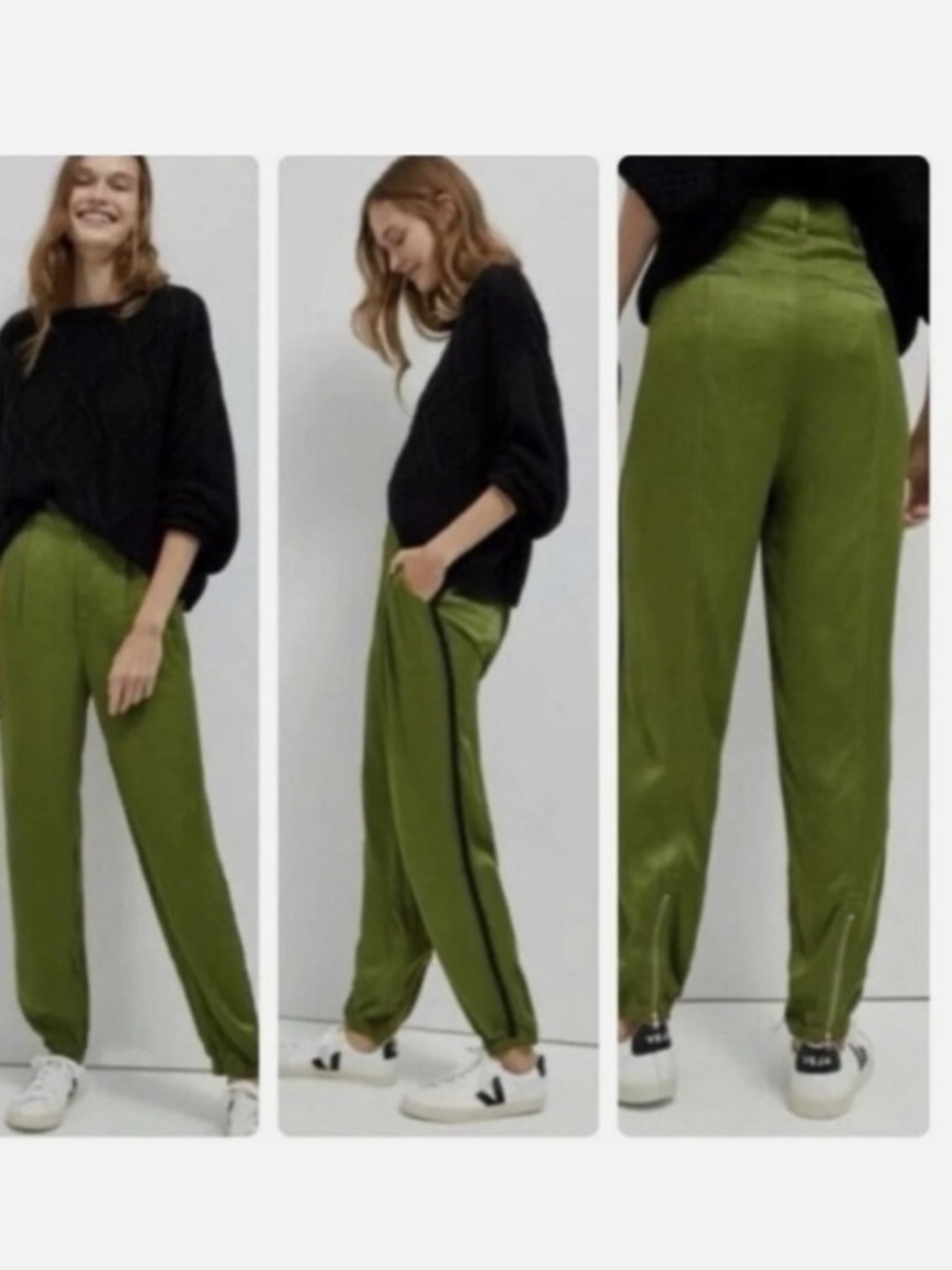Anthropologie Womens Moss Green Diandra Pleated Side Stripe Jogger Pants Size 2